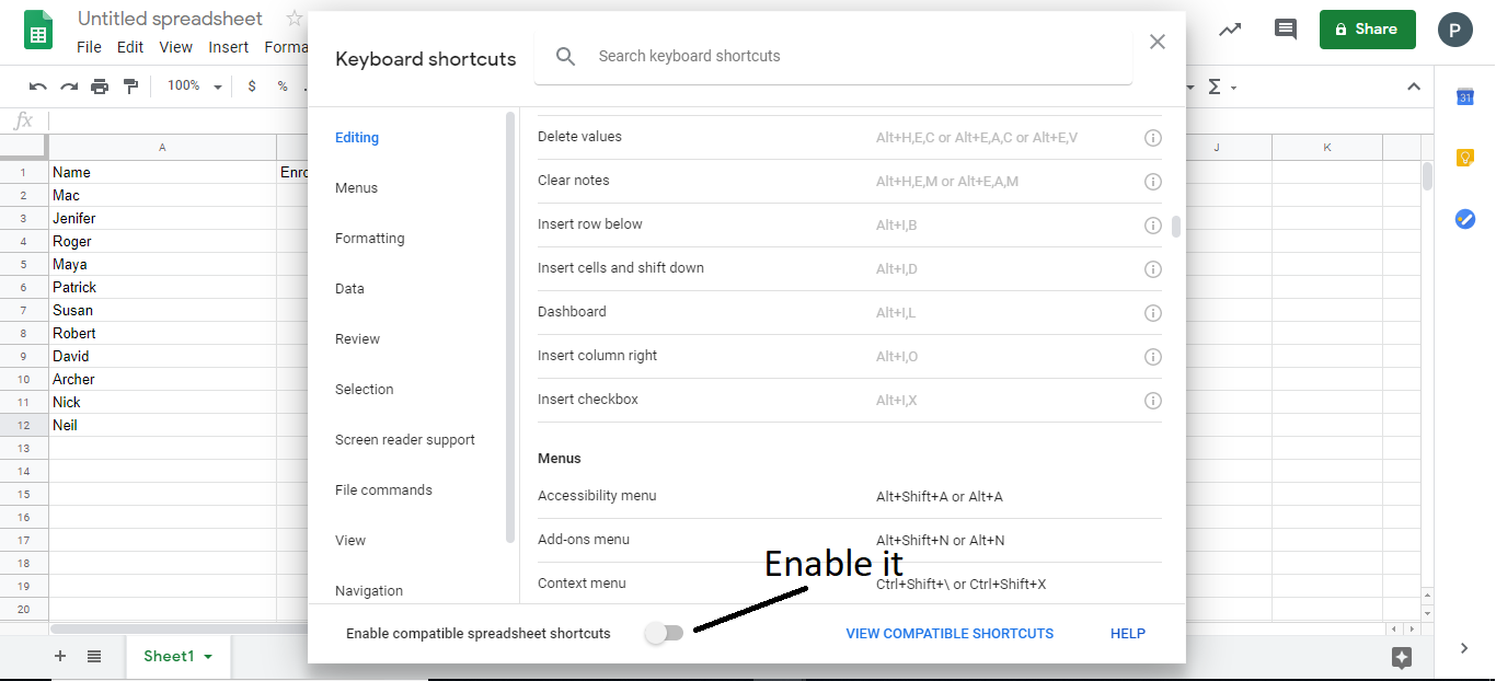 google spreadsheet button shortcuts